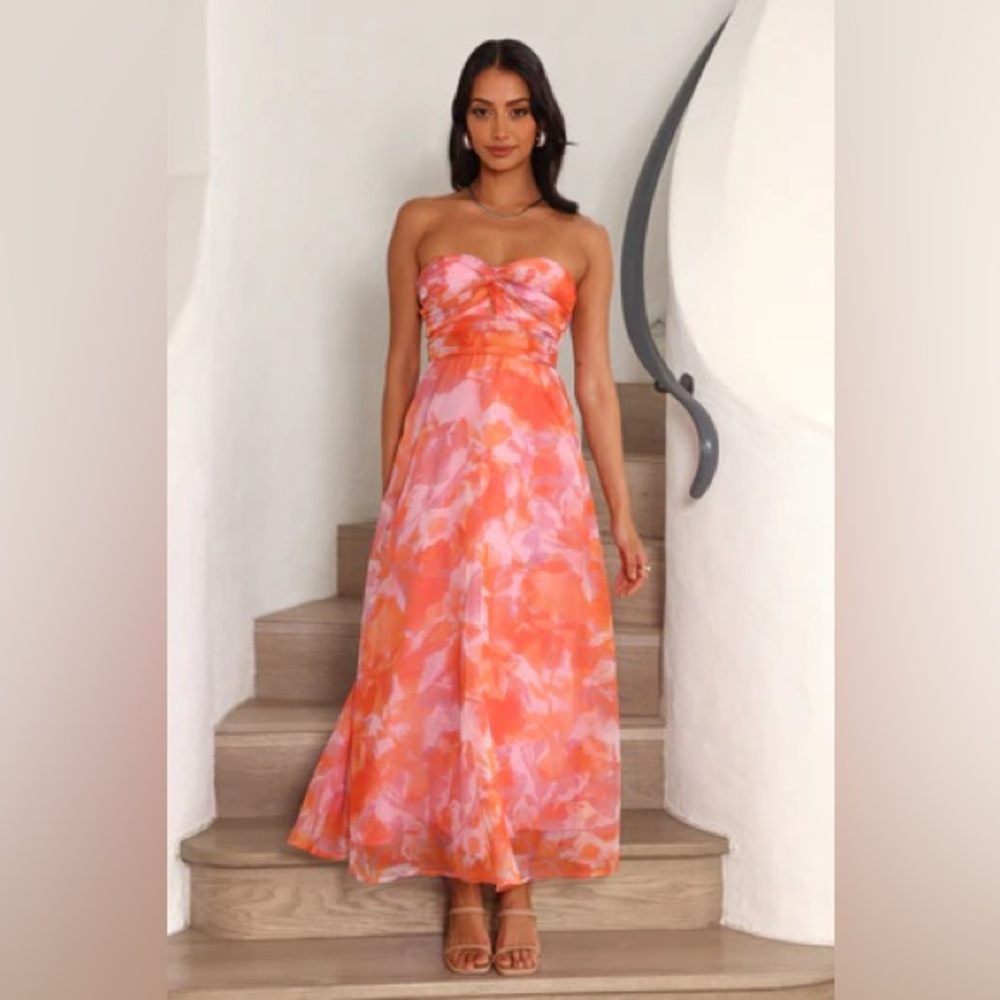 Hello Molly Pink & Orange Strapless Midi Dress
